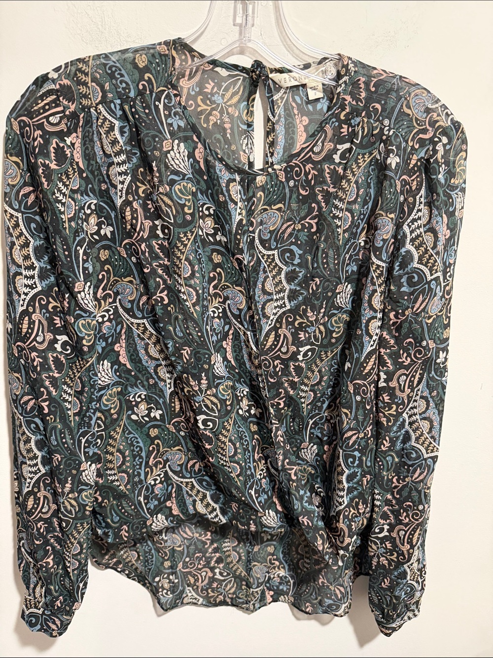 Veronica Beard Paisley Long-Sleeve Twist Front High-Low 100% Silk Blouse - Picture 2 of 9